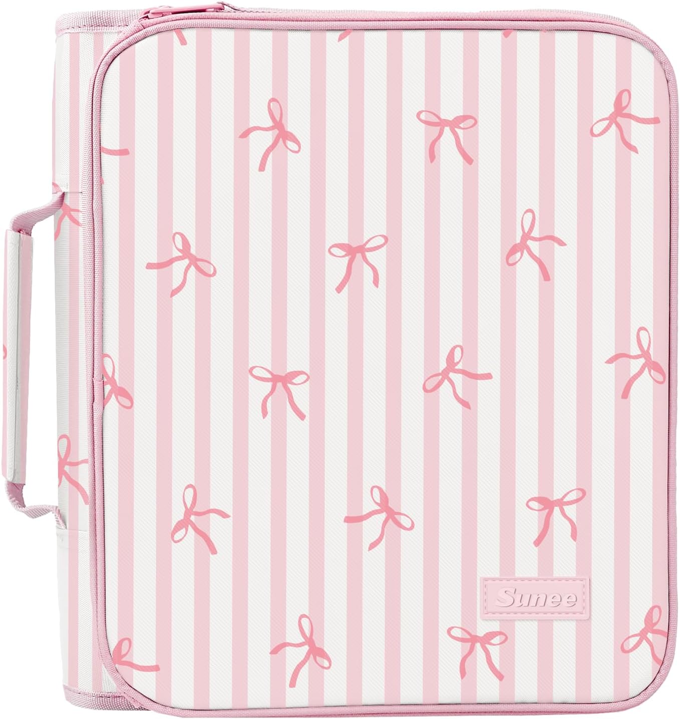 SUNEE Zippered Binder Bag with Handle, 2-Inch 3-Ring O-Ring, 500-Sheet Capacity, Includes Zip Pocket, 5-Tab Expanding File Folder, Multi-Pocket Organizer Binder for Middle School, Pink Bow