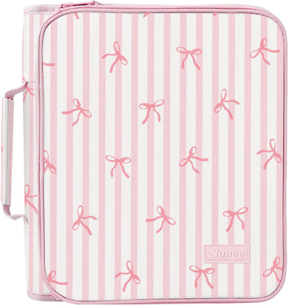 SUNEE Zippered Binder Bag with Handle, 2-Inch 3-Ring O-Ring, 500-Sheet Capacity, Includes Zip Pocket, 5-Tab Expanding File Folder, Multi-Pocket Organizer Binder for Middle School, Pink Bow
