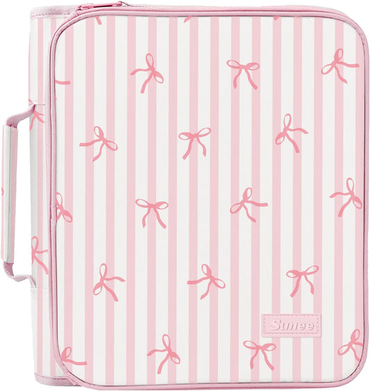 SUNEE Zippered Binder Bag with Handle, 2-Inch 3-Ring O-Ring, 500-Sheet Capacity, Includes Zip Pocket, 5-Tab Expanding File Folder, Multi-Pocket Organizer Binder for Middle School, Pink Bow