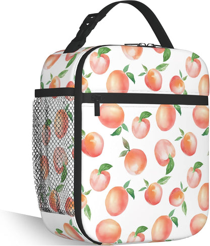 Pink Peach Kids Lunch Bag, Insulated Lunch Box for Girls Boys, Reusable School Lunch Tote with Zipper and Side Pocket for Snacks, Bento and Drinks