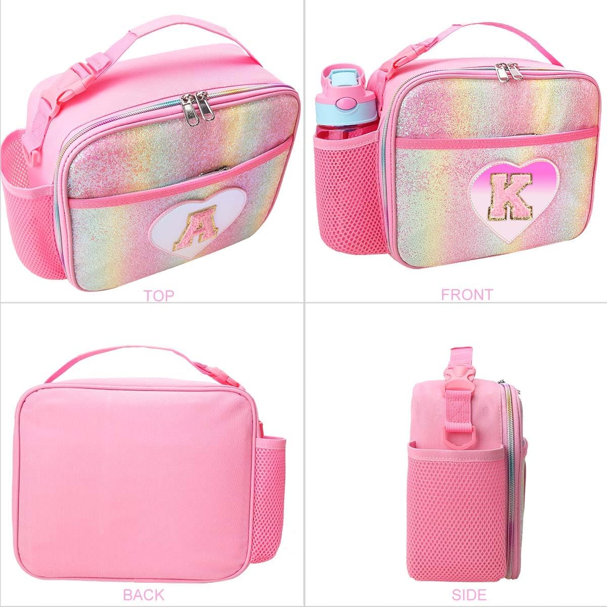 RHCPFOVR Kids Initial Lunch Bag - Insulated Lunch Box for Boys Girls,Washable Lunch Bag and Reusable Toddler Leak-proof Lunchbox for School and Daycare Pink J