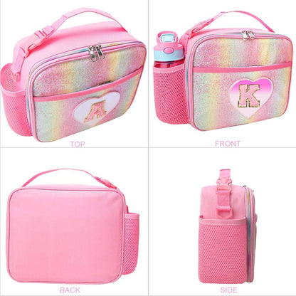 RHCPFOVR Kids Initial Lunch Bag - Insulated Lunch Box for Boys Girls,Washable Lunch Bag and Reusable Toddler Leak-proof Lunchbox for School and Daycare Pink J