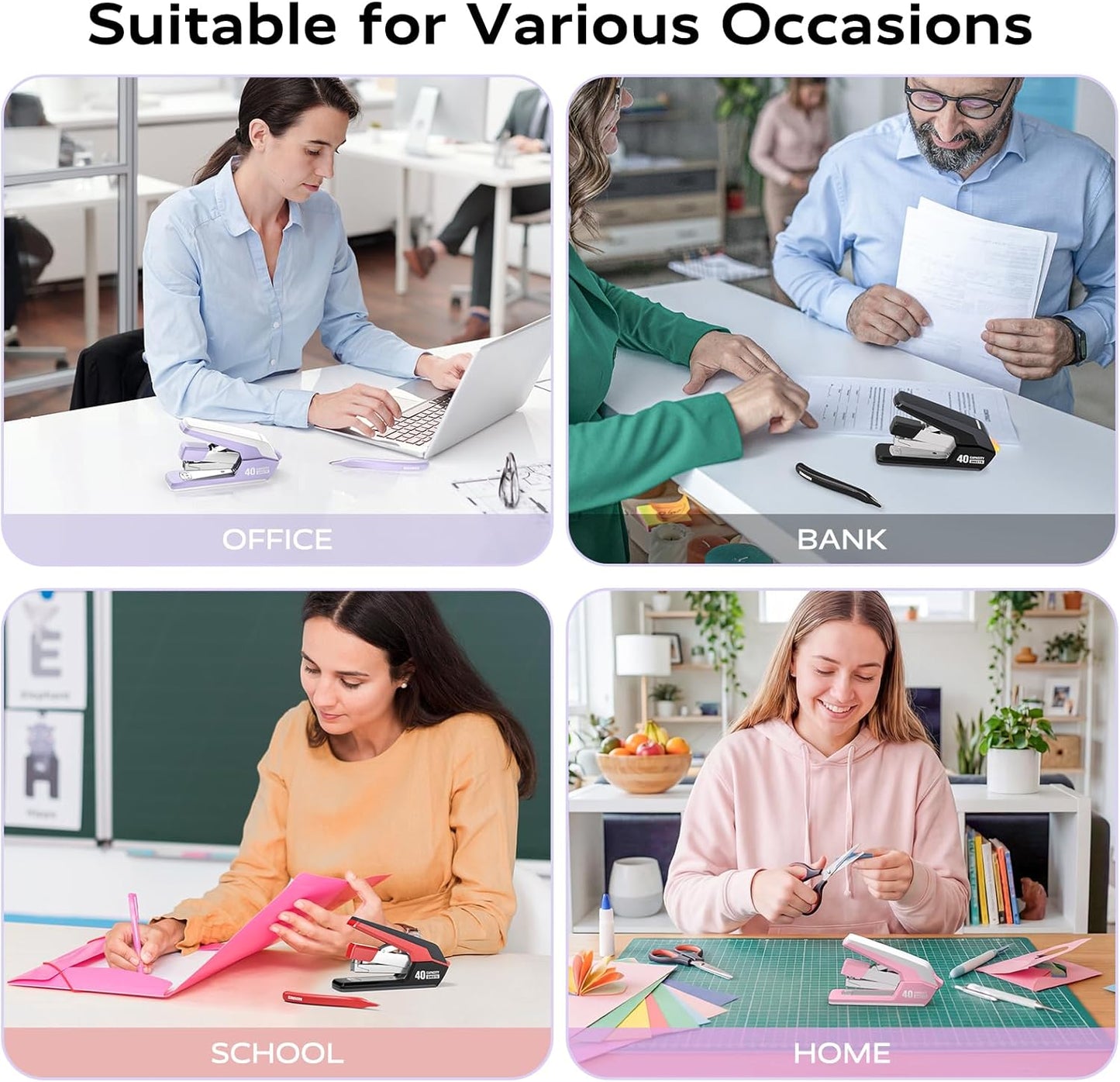 Effortless Stapler for Desk with 40-50 Sheet Capacity, 2000 Staples, 1-Touch Stapling, Ergonomic & Easy to Load Desktop Staplers, Heavy Duty Stapler, and Magnetic Staple Remover, Pink