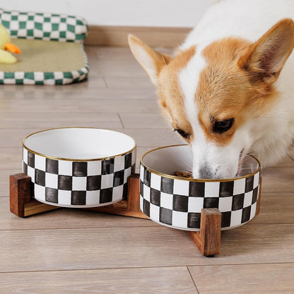 Ceramic Dog Bowls for Medium Dogs, 3.5 Cups Checkered Dog Food and Water Bowl with Acacia Wood Stand, Non-Slip Anti-Tip Elevated Feeding Station, Pink and White