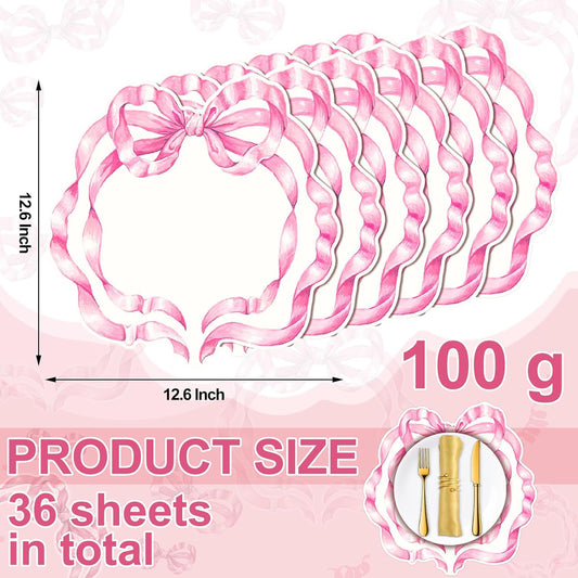 Tinlade 36 Pcs Pink Bow Paper Placemats 12.6 Inch Coquette Birthday Decorations Bow Dinner Mats Bow Party Supplies Disposable Paper Placemats for Birthday Bachelorette Bridal Wedding (Pink)