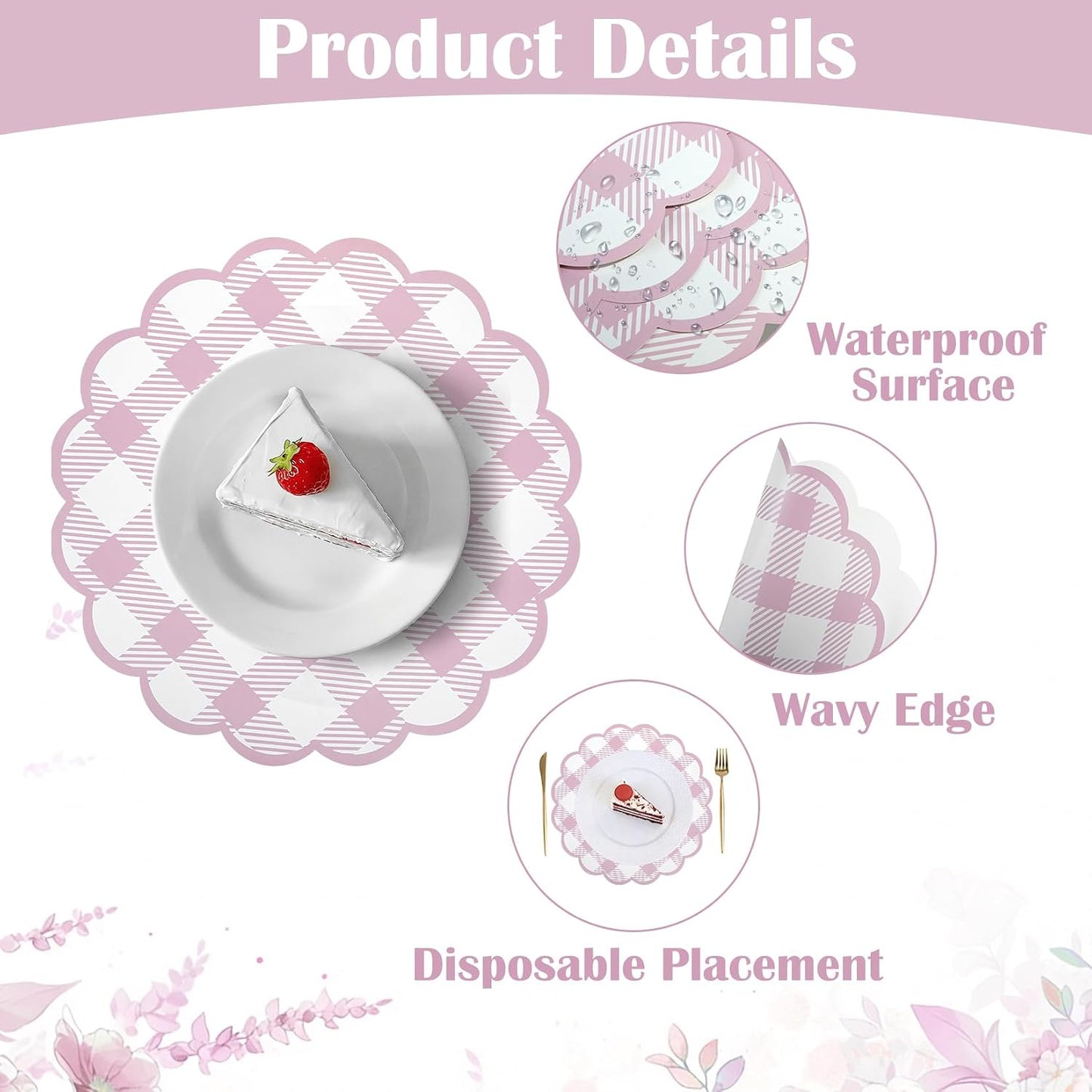 48Pcs Pink Checkered Paper Placemats 13.5 Inch Scalloped Round Disposable Gingham Place Mats, Waterproof Decorative Table Mats for Baby Shower Outdoor Picnic BBQ Birthday Tea Party