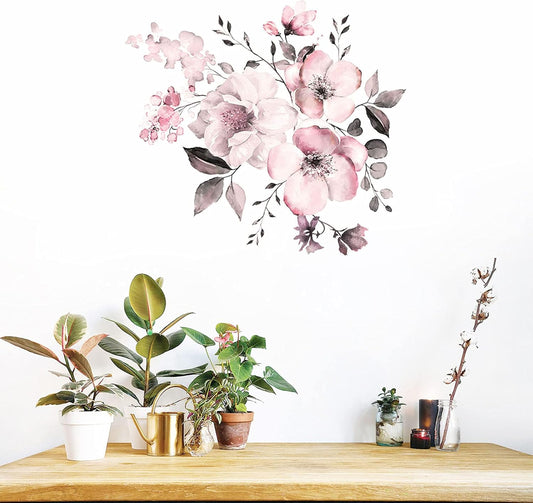ivviooo Peony Rose Wall Decals, Watercolor Floral Flower Stickers, Pink Decor, Removable Blooming Art Murals Peel and Stick, Blossom Posters for Girls Bedroom Nursery, 5-6, (F005F)
