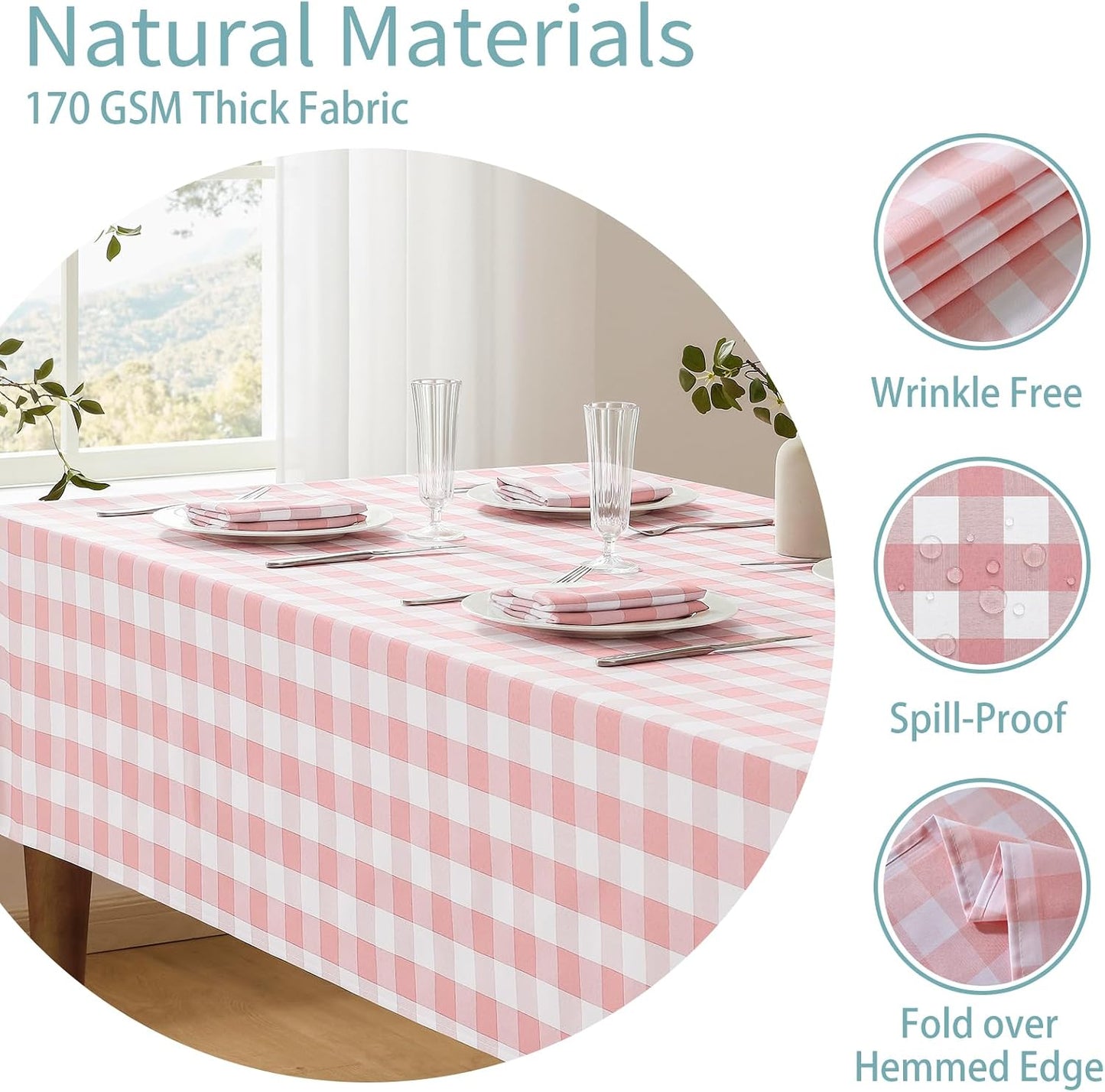 Veblandy Checkered Tablecloth Rectangle Waterproof Gingham Table Cloth Washable Buffalo Plaid Table Cover Wrinkle Free for Kitchen, Dining and Outdoor Picnic, 60 x 84 Inch, Pink and White