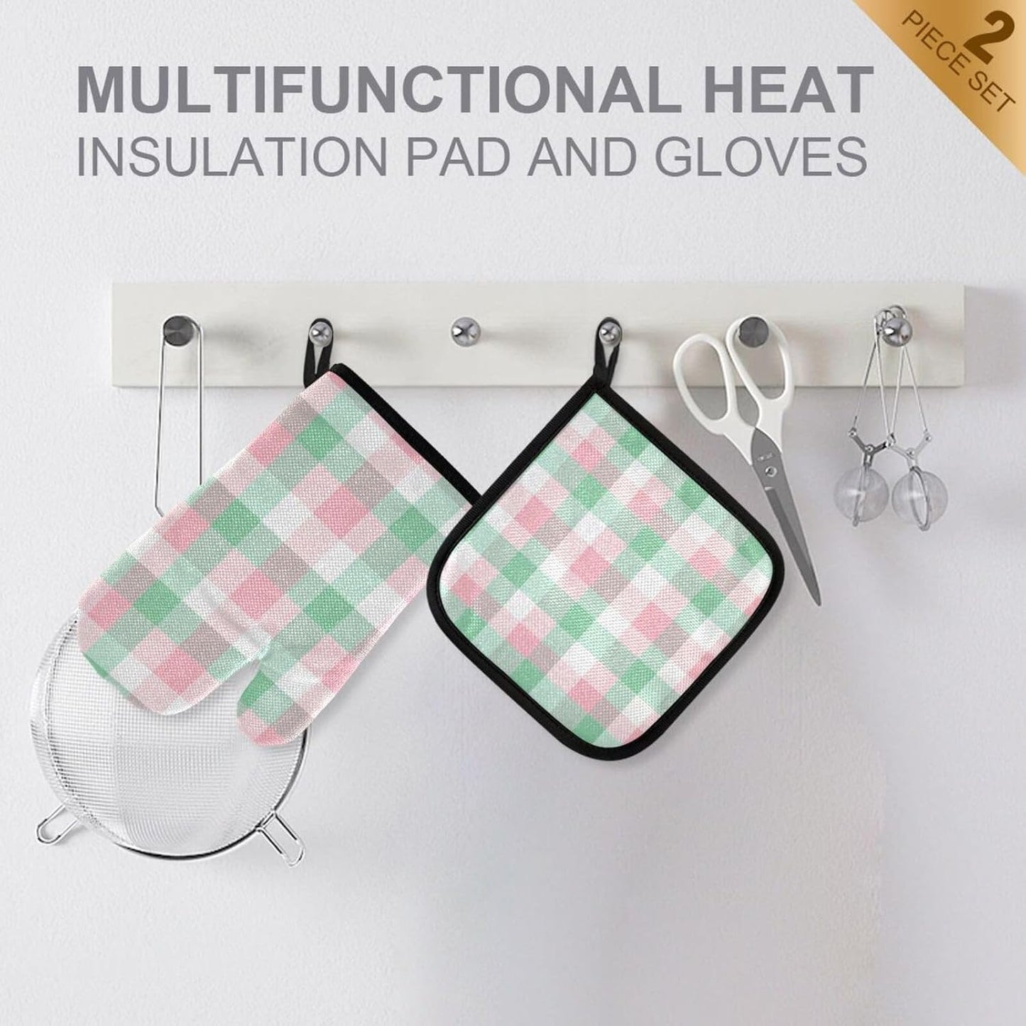 Light Pink Green Checkered Oven Mitts and Pot Holders Set for Cooking Baking Kitchen Decor