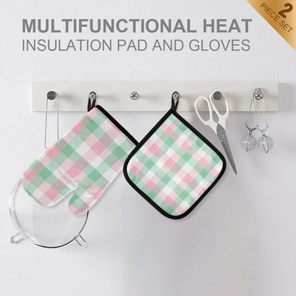 Light Pink Green Checkered Oven Mitts and Pot Holders Set for Cooking Baking Kitchen Decor