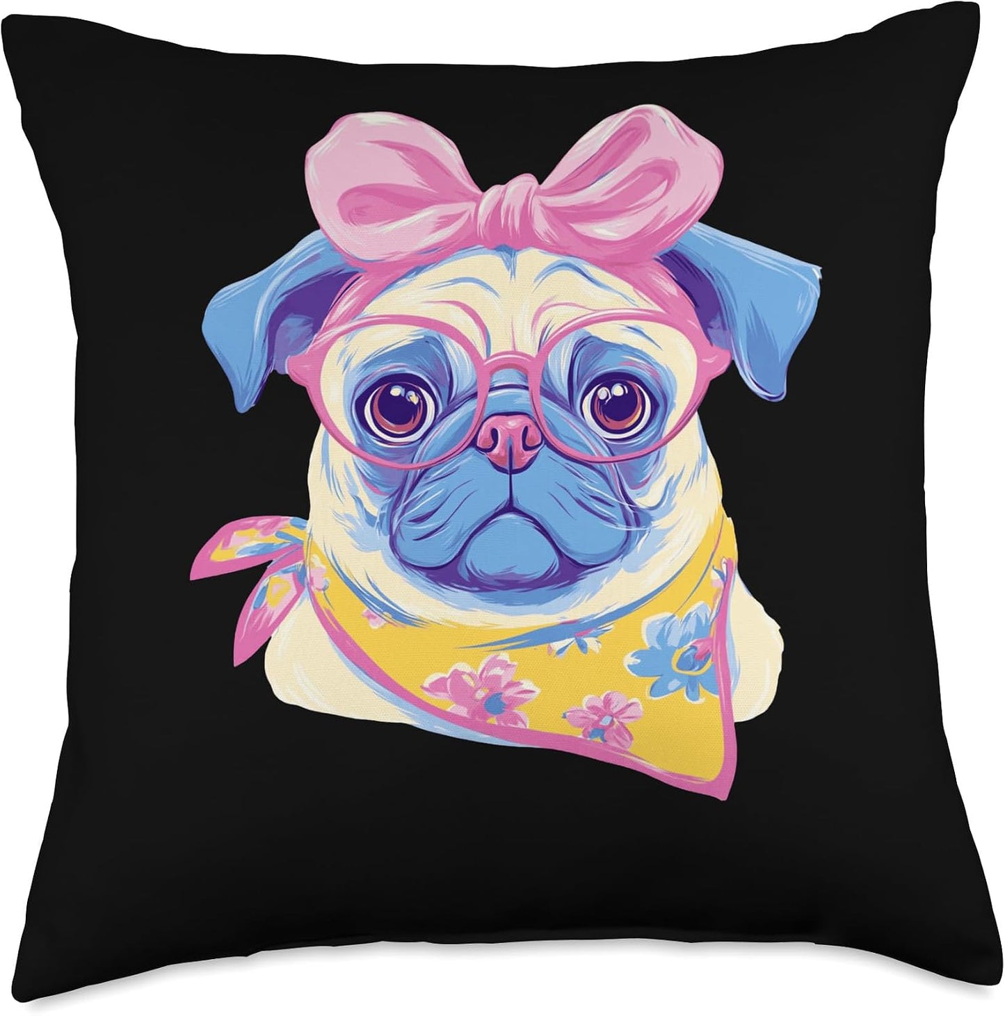 Cute Pug Portrait Dog Lover Graphic Pink Glasses Bow Yellow Throw Pillow