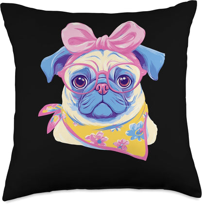 Cute Pug Portrait Dog Lover Graphic Pink Glasses Bow Yellow Throw Pillow