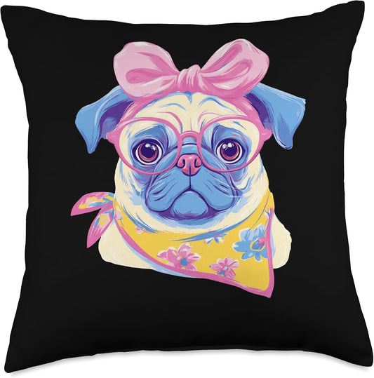 Cute Pug Portrait Dog Lover Graphic Pink Glasses Bow Yellow Throw Pillow