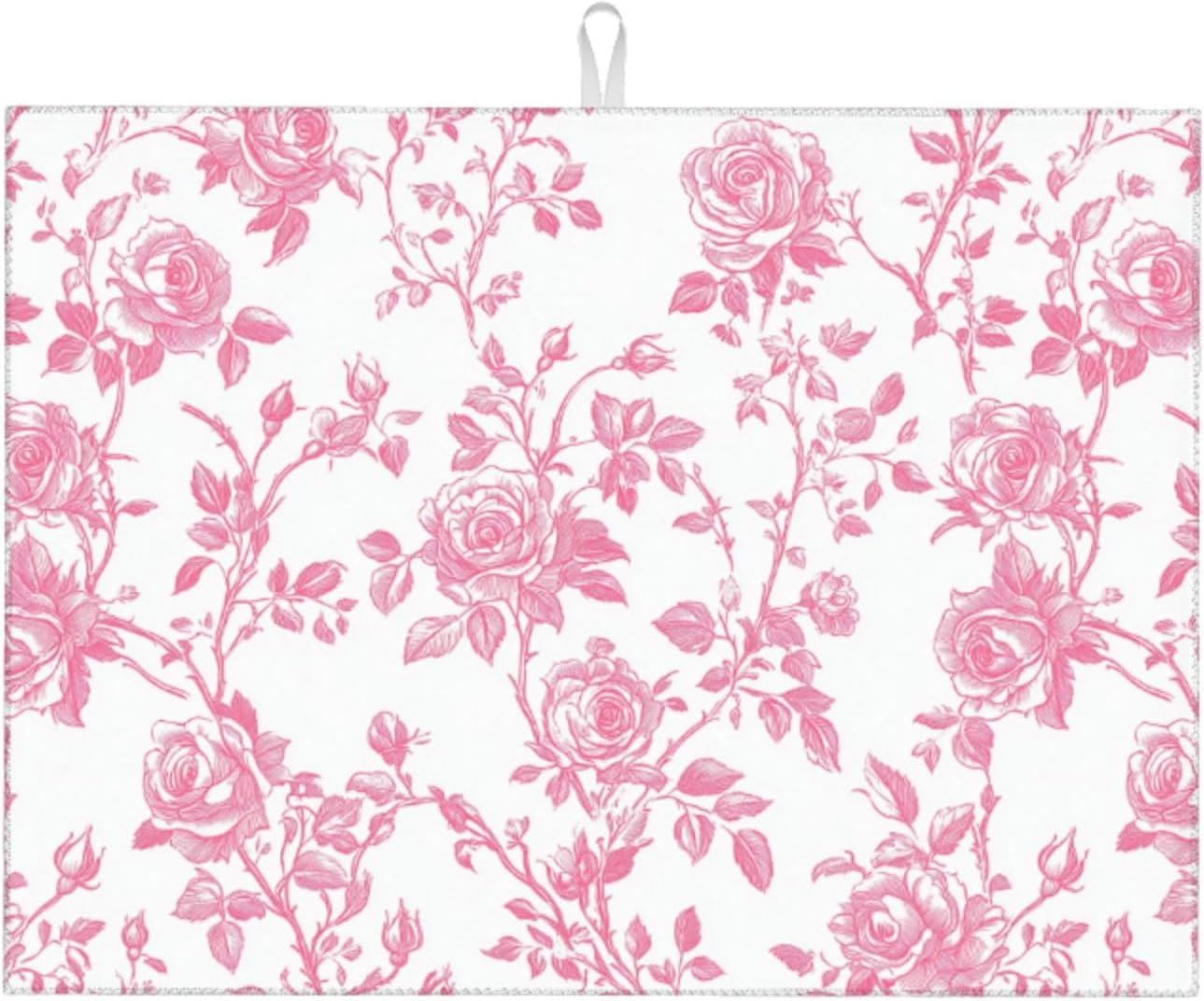 Pink Floral Rose Toile Pattern Dish Drying Mat For Kitchen Counter, Drain Rack Mat Microfiber Quick Dry Dish Pad