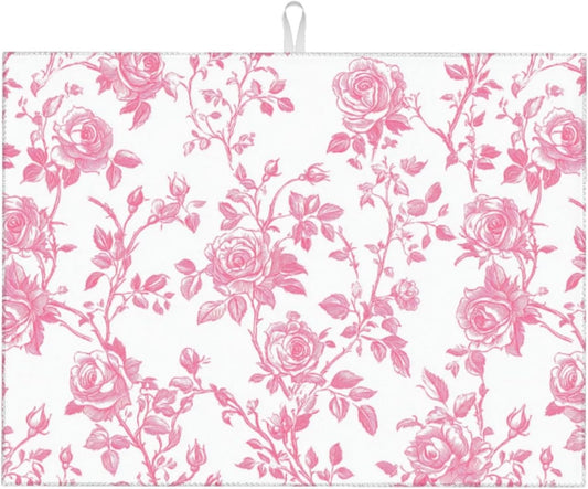 Pink Floral Rose Toile Pattern Dish Drying Mat For Kitchen Counter, Drain Rack Mat Microfiber Quick Dry Dish Pad