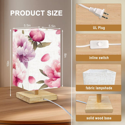 Square Table Lamp for Bedroom Soft Pastel Peony Floral Light Pink Purple Flowers Beside Lamps Desk lamp with Wood Base Nightstand Lamps for Nursery Living Room Home Decor