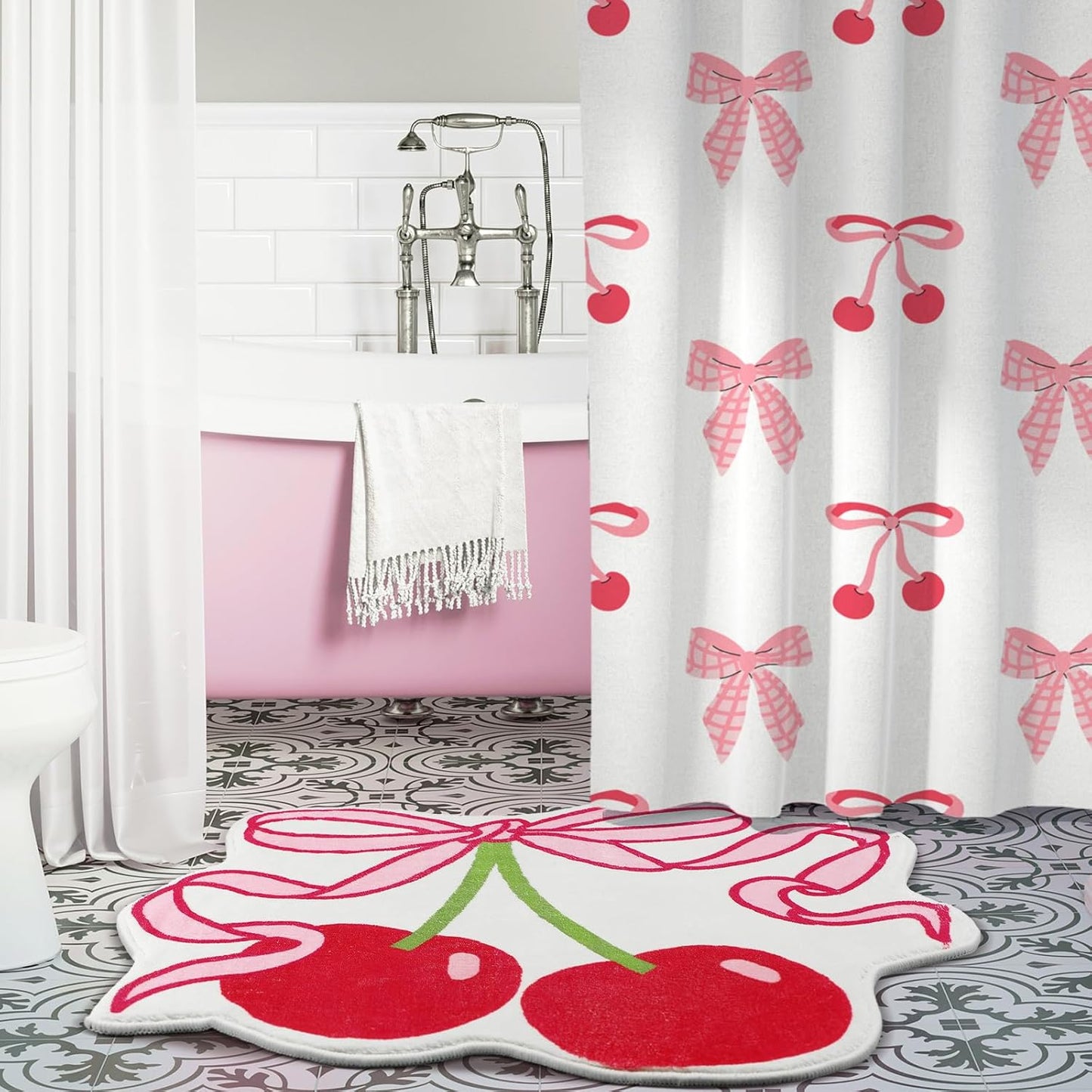 Duraaamo Cherry Bow Bathroom Rug 23.6 x 21.3'' Pink Bow Cute Cherry Bath Decor Soft Non Slip Absorbent Rugs Coquette Fruit Carpet Washable Bathtub Mat for Kitchen Living Room Home Bathtub