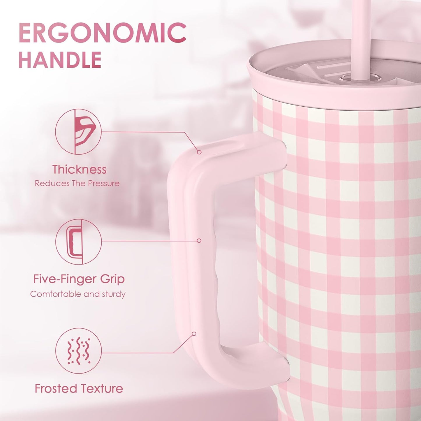 SANDJEST Pink Gingham 40oz Slider Tumbler with Handle and Straw - Insulated Stainless Steel Travel Coffee Mug for Women Girls, Gift for Birthday, Christmas