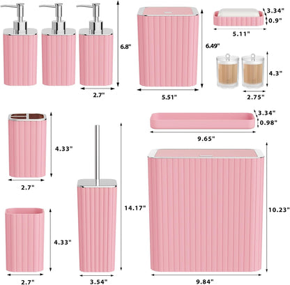 Bathroom Accessory Set - Bathroom Set, 12PC Bathroom Accessories Set, Pink Bathroom Accessories Set, Mini Trash Can, Toilet Brush, Trash Can & Soap Dispenser
