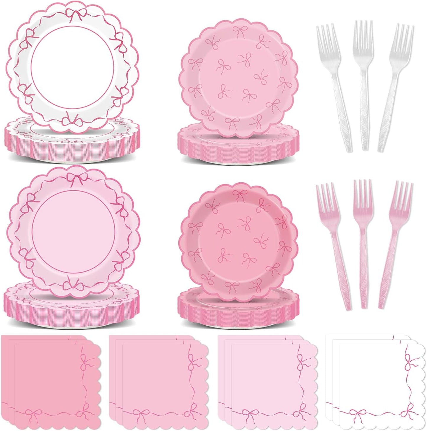 96pcs Pink Bow Party Supplies Bow Scalloped Paper Plates and Napkins Pink Bowknot Party Decors for Girl Bachelorette Bridal Engagement Baby Shower Coquette Cute Tableware Dinnerware Serves 24 Guests