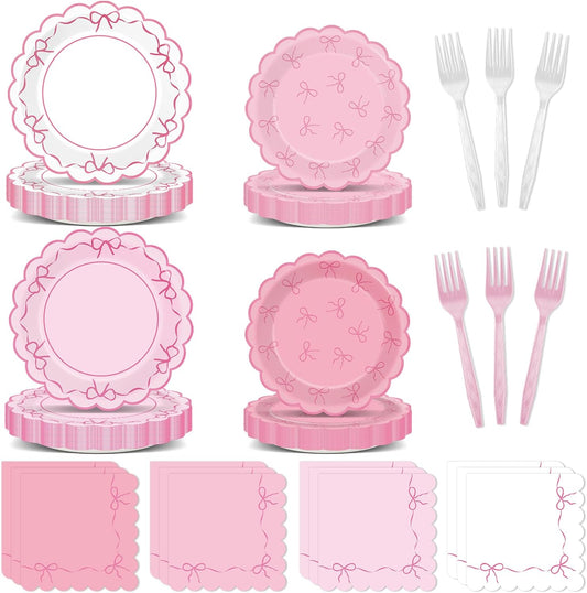 96pcs Pink Bow Party Supplies Bow Scalloped Paper Plates and Napkins Pink Bowknot Party Decors for Girl Bachelorette Bridal Engagement Baby Shower Coquette Cute Tableware Dinnerware Serves 24 Guests