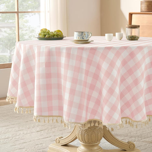 Softalker Pink Gingham Tablecloth 70 x 70 Inch Round, Outdoor Linen Cotton Checkered Table Cloth with Tassel, Heavy Duty Wrinkle Free Buffalo Plaid Table Cover for Kitchen Dining Home Party
