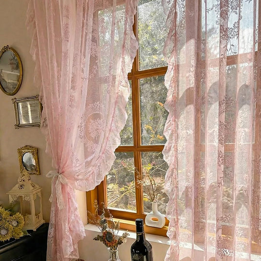 Pink Lace Curtains for Living Room, 84 Inches Long, 2 Panels Set, Boho Sheers with Floral Curtain Lace, Vintage Floral, Sheer Curtains 84 Inch Length, Rod Pocket, 55 x 84 Inch