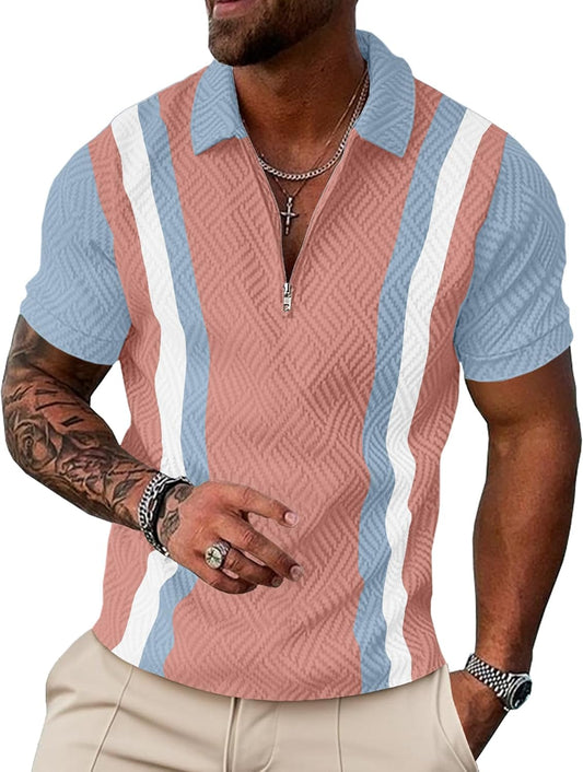 UOUA Men's 1/4 Zip Polo Shirts Summer Short Sleeve Sweatshirts Vintage Striped Texture Tops Casual Golf Tee