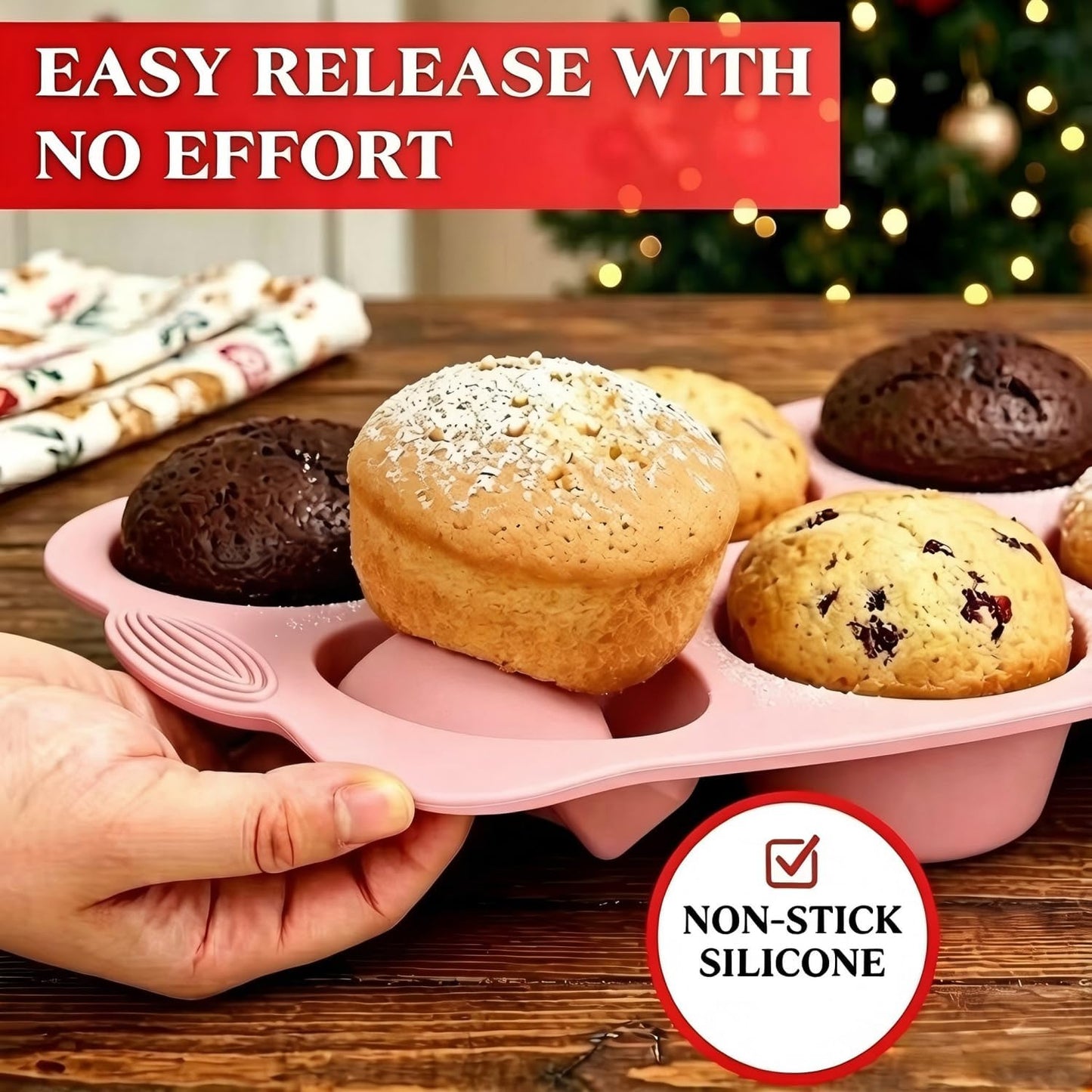 25 PCS Silicone Baking Pans Set, Nonstick Bakeware Sets with Round Cake Pans, Muffin Pans, Baking Cups and Spoons for 450°F Oven Safe Bread, Cupcakes and Desserts (Pink)