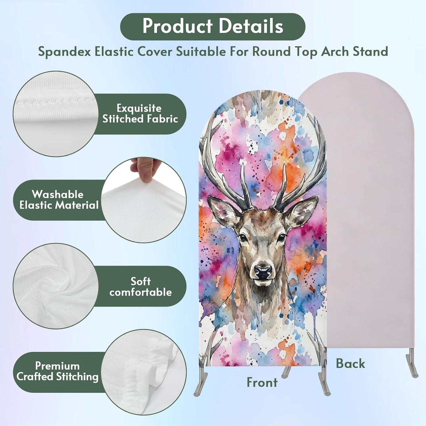 Elk Arch Backdrop Cover 6.6FT, Pink Purple Blue Watercolor Splashes Splatter Animal Spandex Fitted Stretchy Arch Stand Covers, Round Top Chiara Backdrop Cover for Wedding Party Birthday Baby Shower