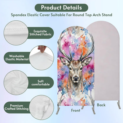 Elk Arch Backdrop Cover 6.6FT, Pink Purple Blue Watercolor Splashes Splatter Animal Spandex Fitted Stretchy Arch Stand Covers, Round Top Chiara Backdrop Cover for Wedding Party Birthday Baby Shower