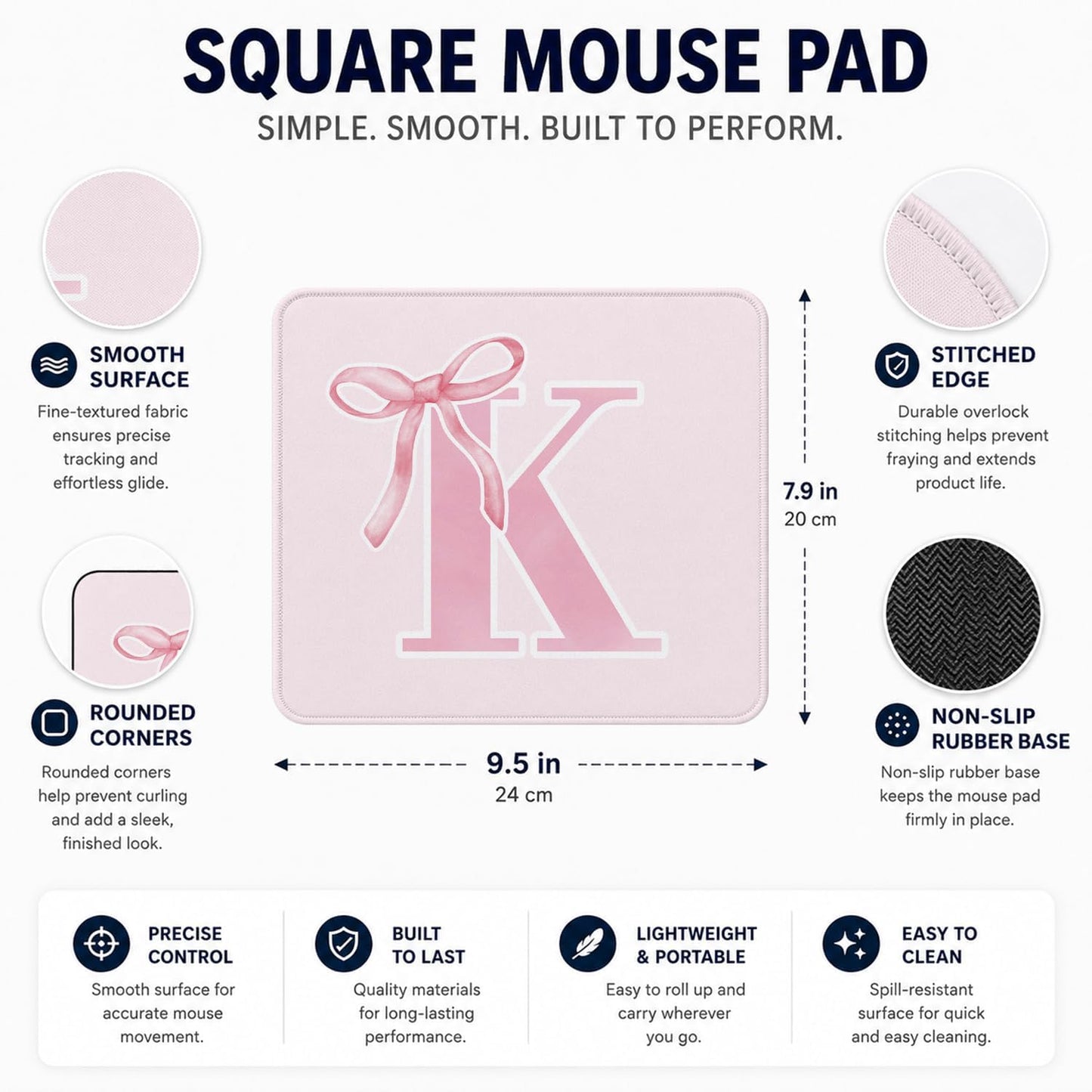 QIYUHOY Coquette Trendy Initial K Pink Bow Mouse Pad,Personalized Pink Desk Mat Teen Girl Gifts,Monogrammed Gifts for Women,Pink Mouse pad for Desk Home Office Gaming Working,9.5x7.9 inches