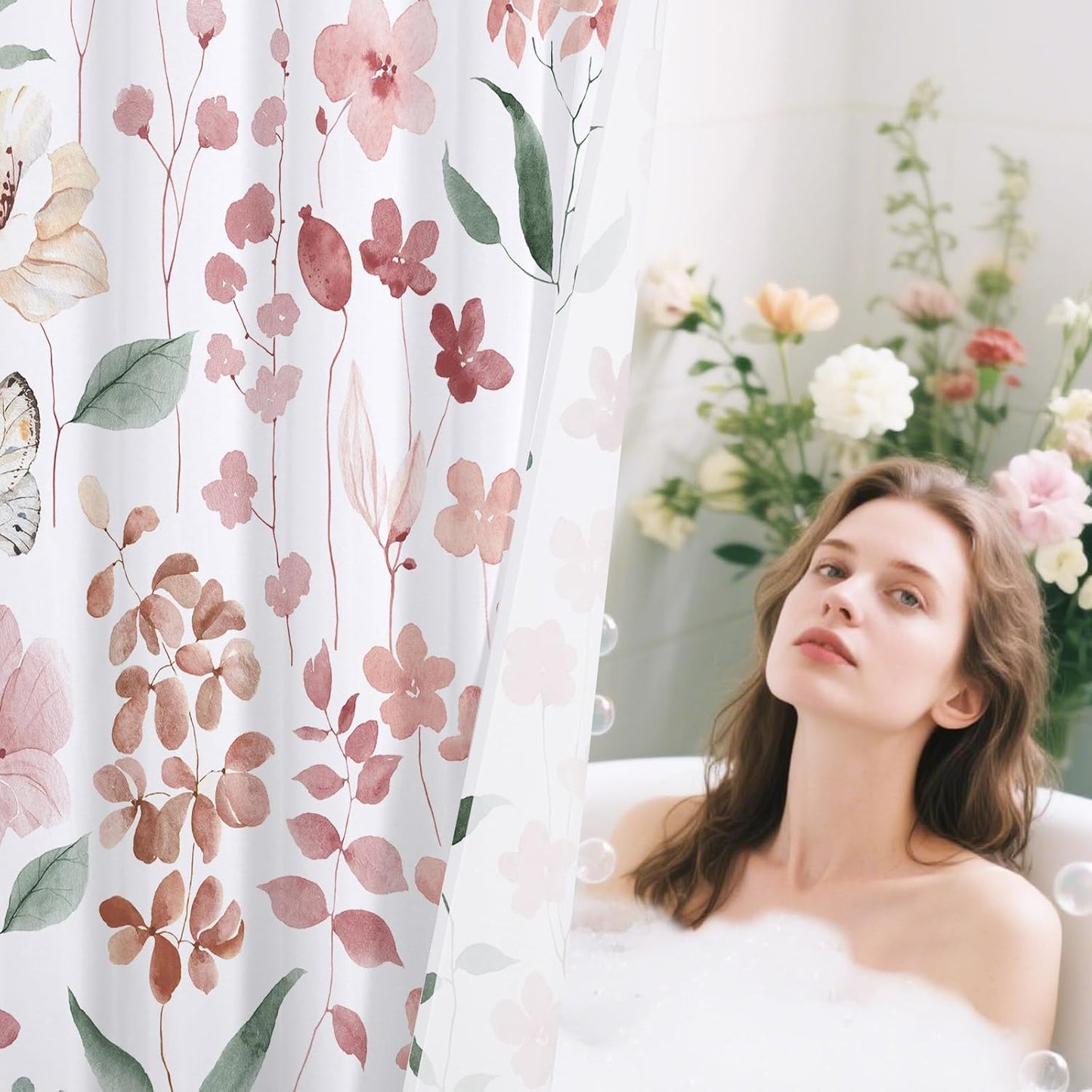 Litabel Pink Floral Shower Curtain, Plant Leaves with Flower Shower Curtains for Summer Pink Bathroom Decor, Modern Farmhouse Waterproof Fabric Botanical Shower Curtain Set with Hooks 72x72 Inch