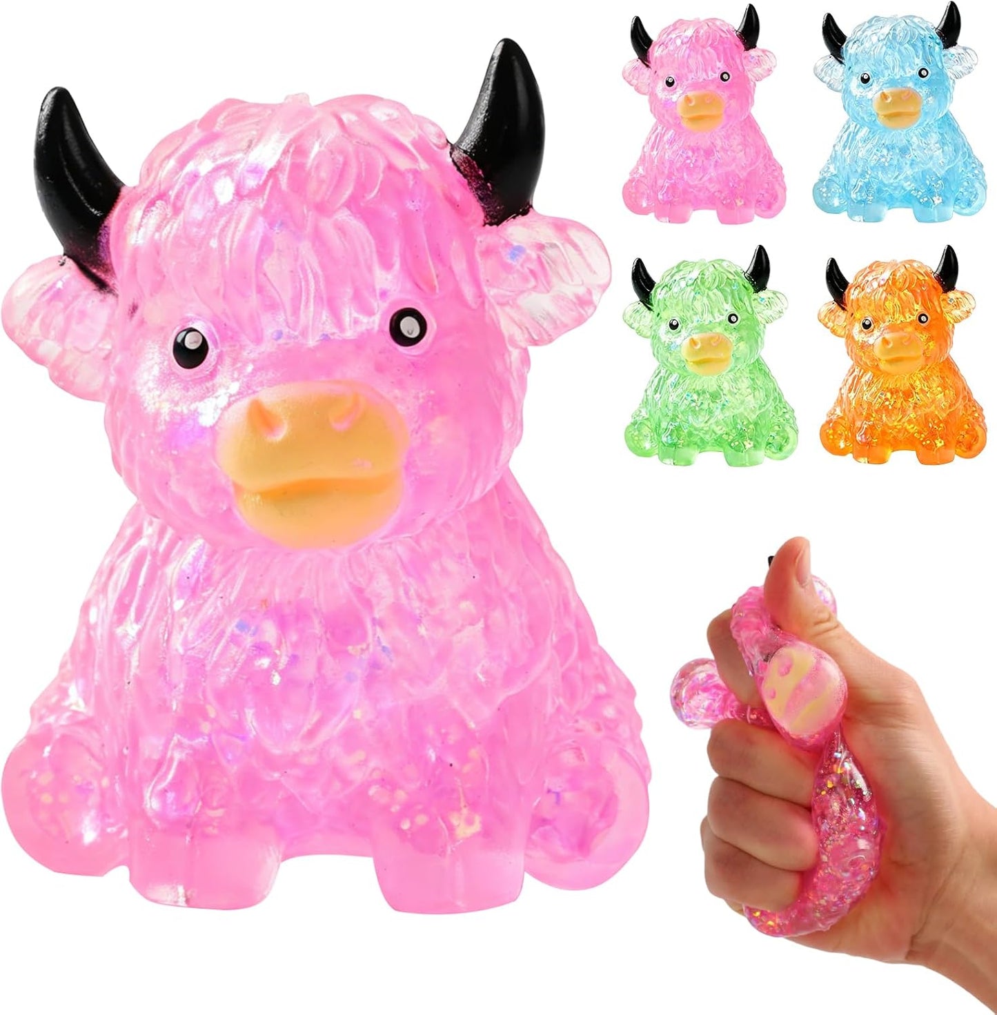 Glitter Highland Cow Squishies Fidget, Glitter Slow Rising Stress Ball for Adults, Soft Sensory Desk Decor,Cow Lover Gift (Pink)