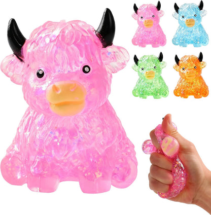 Glitter Highland Cow Squishies Fidget, Glitter Slow Rising Stress Ball for Adults, Soft Sensory Desk Decor,Cow Lover Gift (Pink)