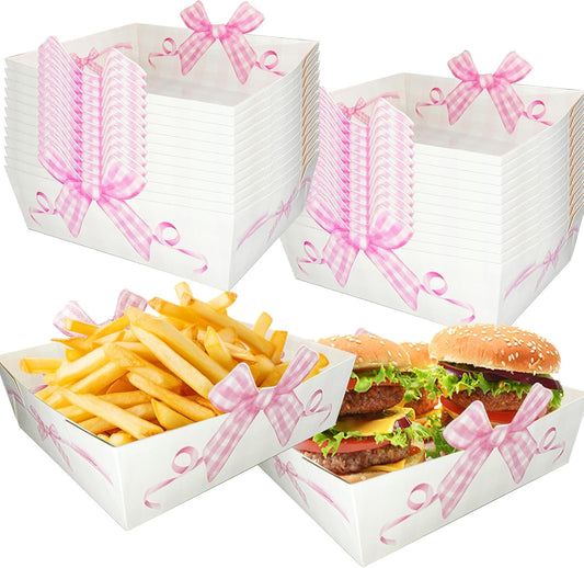 Pink Bow Paper Food Trays - 24Pcs Large Size Coquette Birthday Decorations Kraft Food Boat;Nacho Trays Bow Birthday Party Supplies for Valentines Wedding Baby Shower Party Decoration