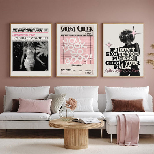 Vintage Pink Canvas Wall Art Set of 3 Funky Hot Girl Pictures You Look So Good Poster Preppy Trendy Paintings Home Wall Decor Aesthetic Disco Ball Bar Cart Prints for Apartment Dorm (12x16in) Unframed