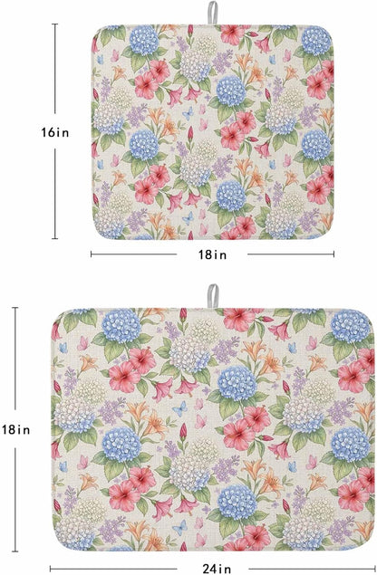 Blue Pink Floral Dish Drying Mat 2 Pack, Retro White Blue Pink Yellow Flowers Beige Absorbent Heat Insulating Kitchen Drying Pad Drainer Mats for Sink Counter Pot Dishes 16 X 18 Inch