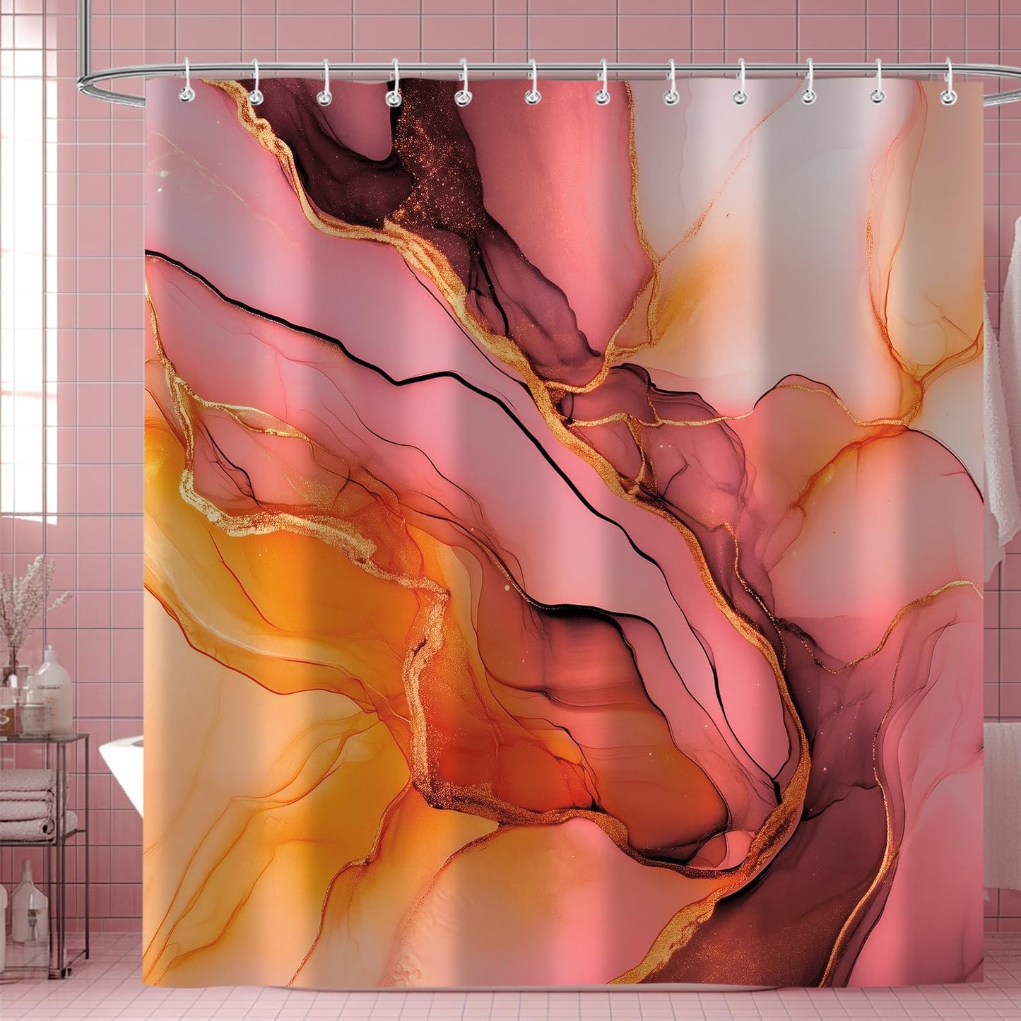 Moonslim Pink Gold Marble Shower Curtains, Orange Grey Abstract Marble Shower Curtain, Modern Fabric Bath Curtain for Bathroom Decor Waterproof Cloth with Hooks 72X72 Inch