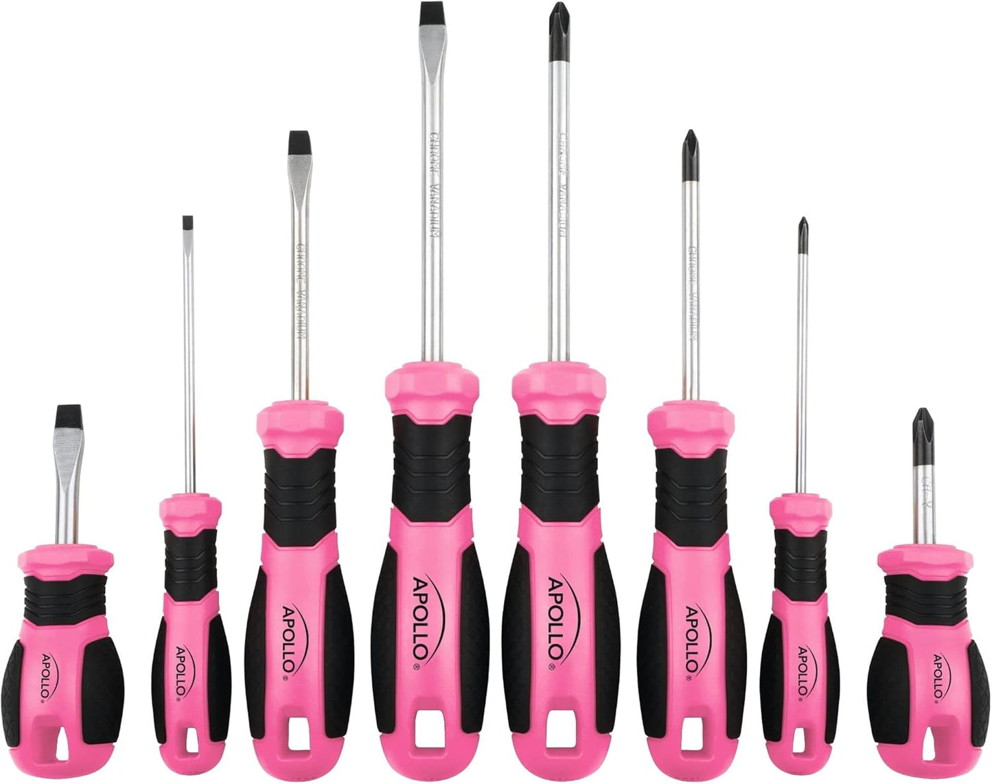 Apollo Tools Pink 8 Piece Essential Screwdriver Set Phillips and Slotted with Magnetic Tips and Non-Slip Comfort Handles. Includes Stubby Screwdrivers for Tight Spaces - Pink Ribbon - Pink - DT5018P