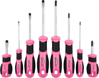 Apollo Tools Pink 8 Piece Essential Screwdriver Set Phillips and Slotted with Magnetic Tips and Non-Slip Comfort Handles. Includes Stubby Screwdrivers for Tight Spaces - Pink Ribbon - Pink - DT5018P