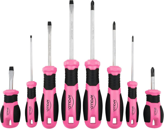 Apollo Tools Pink 8 Piece Essential Screwdriver Set Phillips and Slotted with Magnetic Tips and Non-Slip Comfort Handles. Includes Stubby Screwdrivers for Tight Spaces - Pink Ribbon - Pink - DT5018P