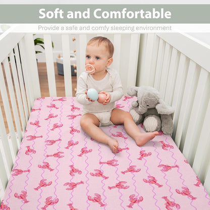 Pink Lobster Bows Stripe Baby Crib Sheets for Boy Girl 52x28Inch Lobsters Sea Ocean Stripes Soft Snug Fitted Crib Mattress Covers Coastal Summer Baby Sheet for Standard Crib & Toddler Bed Mattress