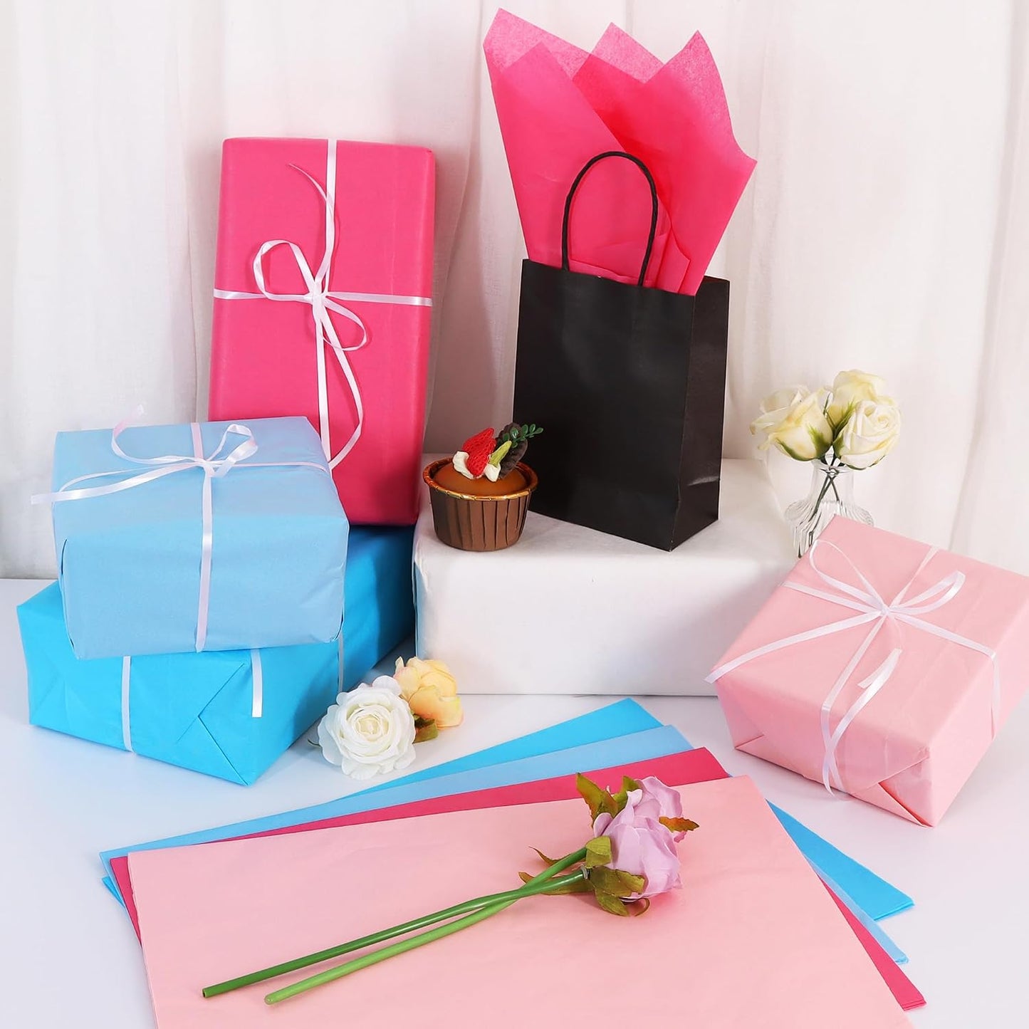 BEISHIDA 80 Sheets Pink and Blue Tissue Paper Bulk,Wrapping Tissue Paper for Gift Bags, 14 x 20 Inch Gift Wrap for Birthday Babyshower Wedding DIY Crafts Decor Holiday Flowers