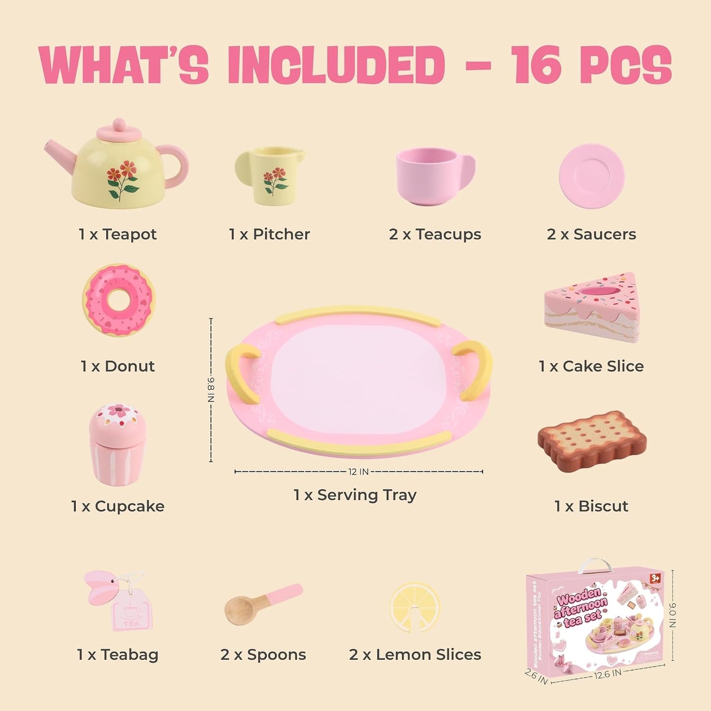Wooden Tea Party Set for Girls, 16 Pcs Pink Pretend Play Tea Set