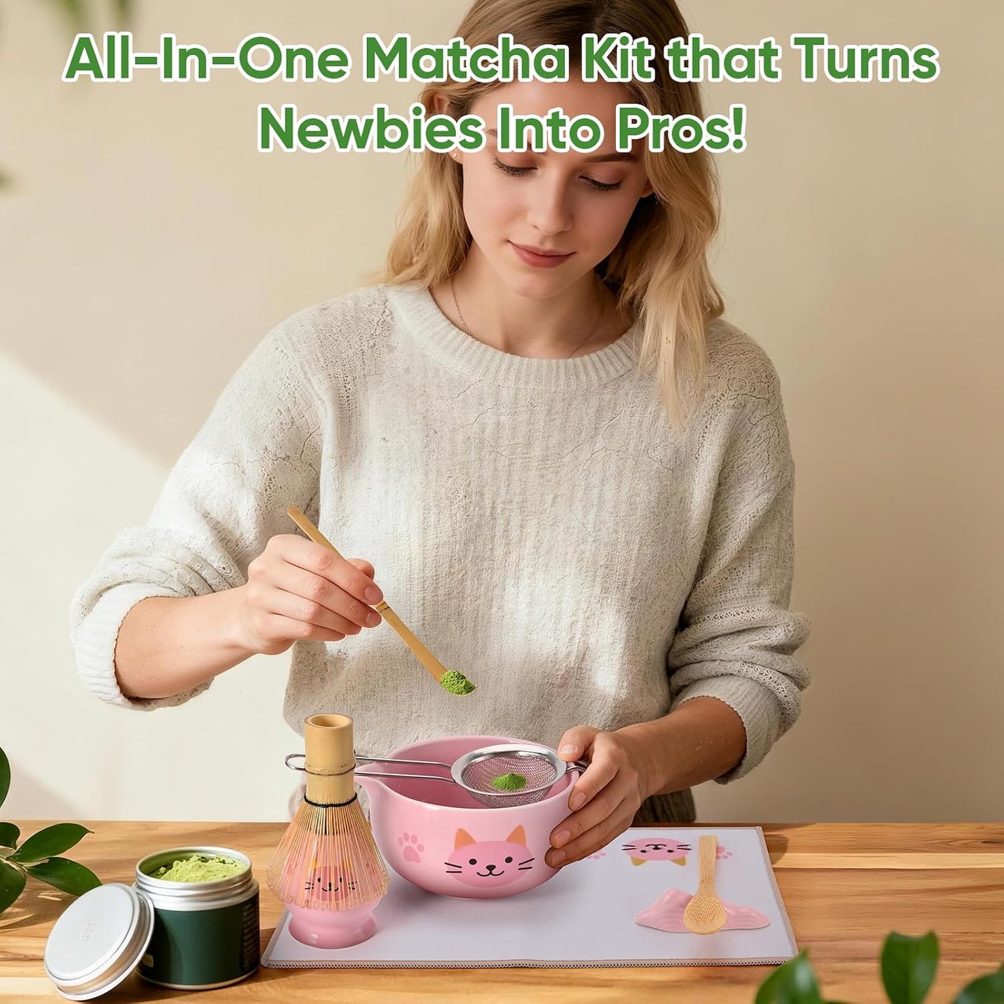 Matcha Whisk Set, 8Pcs Matcha Set for Ceremony, Matcha Whisk and Ceramic Bowl with Matcha Scoop & Sifter and All Accessories for Breakfast, Afternoon Tea, Ideal Gift Christmas, Anniversary