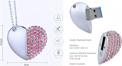 64GB USB 3.0 Flash Drive Diamond Heart with Necklace Memory Stick High Speed Data Storage Pink