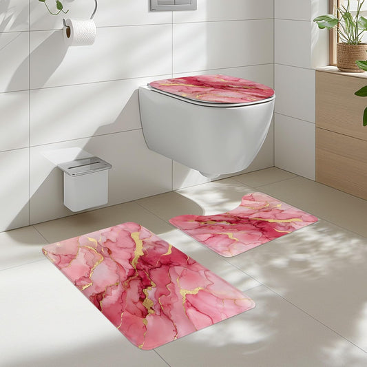 4Pcs Pink Gold Marble Shower Curtain Set, Abstract Modern Cracked Lines Luxury Minimalist Girly Bathroom Curtain with Rug, Toilet Lid Cover, Bath Mat, Aesthetic Shower Curtain with 12 Hooks