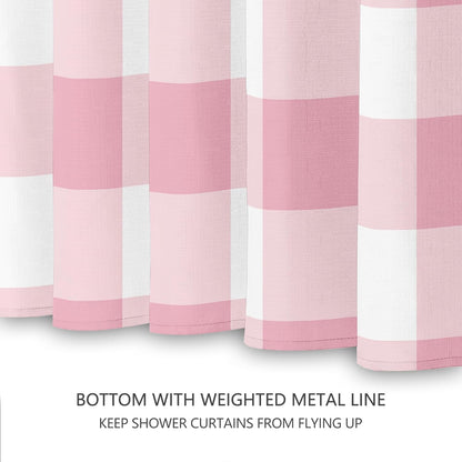Tititex Classic Gingham Plaid 140gsm Faux Linen Fabric Shower Curtain, Pink Buffalo Grid Shower Curtain Sets Decoration 72x72 Inch with Hooks