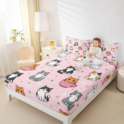 Manfei Cartoon Cute Cat Fitted Sheet Set Mug Kitten Paw Print Bedding Set for Kids Bedroom Heart Sweet Kawaii Bed Sheet Set 2pcs Deep Pocket Mattress Cover,No Top Flat Twin Peach Pink